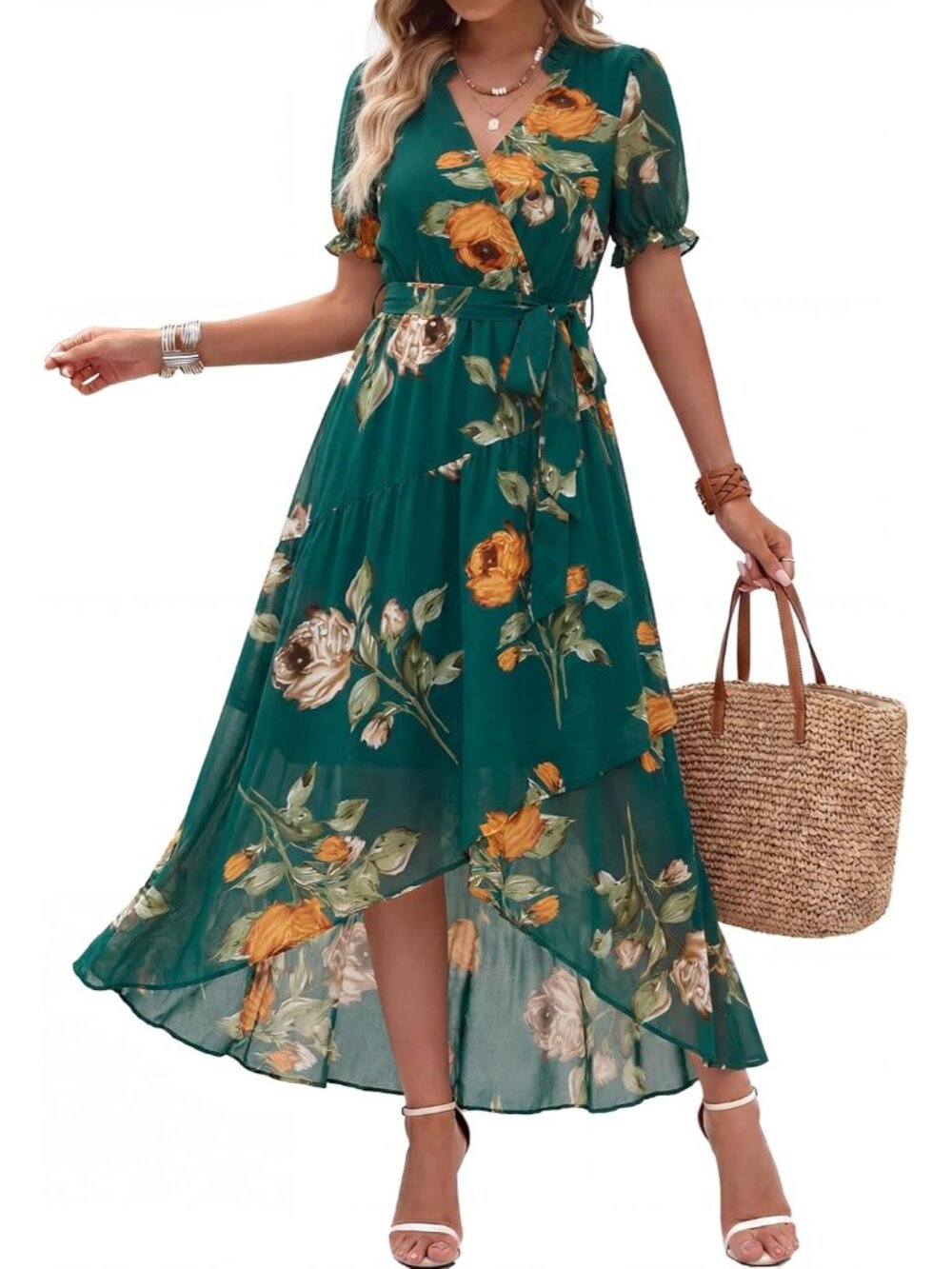 Women's Floral Dark Green Puff Sleeve Wrap Ruffle Chiffon Imported Maxi Dress